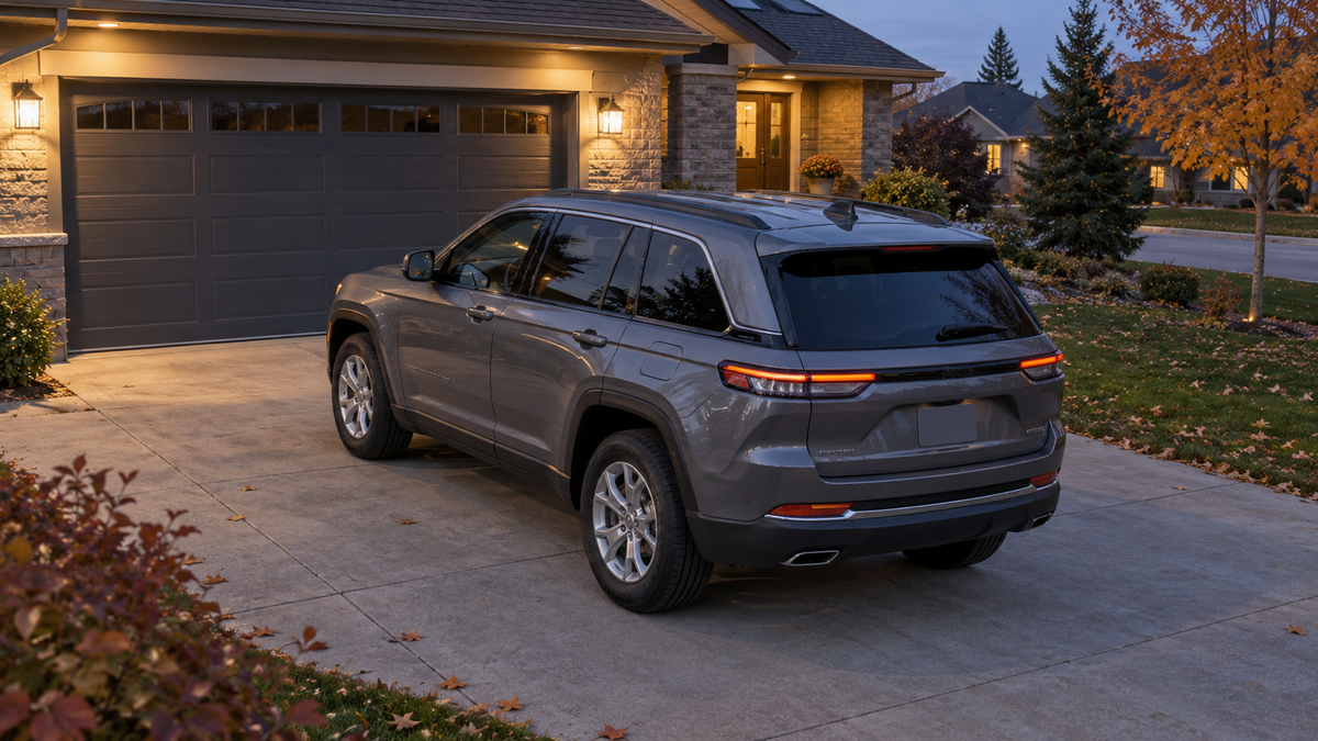Illustration générée par l’IA d’un Jeep Grand Cherokee 2023 stationné dans l’entrée d’une résidence au Canada, au crépuscule.